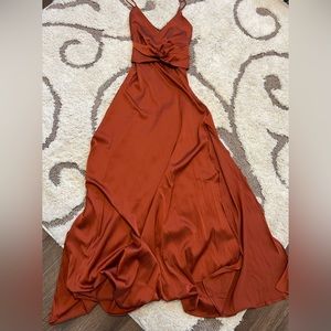 Rust/Orange Maxi Dress with one slit up leg and adjustable straps.
